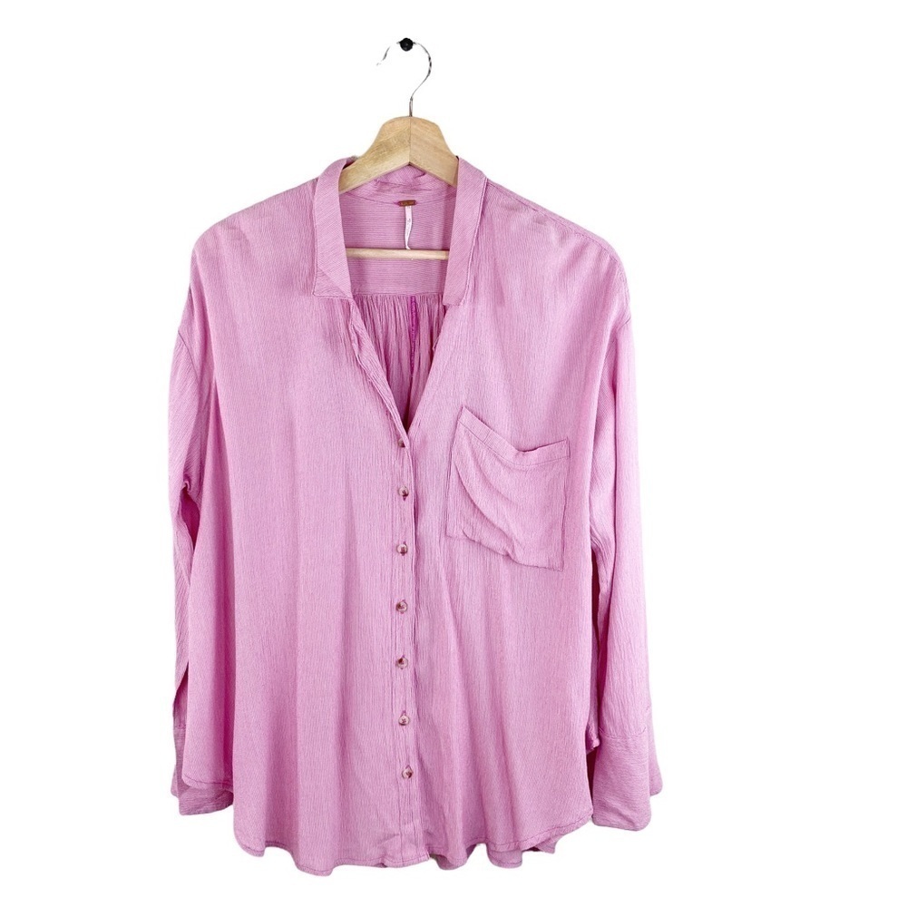 Free People Magic Breeze Button Down Shirt Oversized Pink Stripe